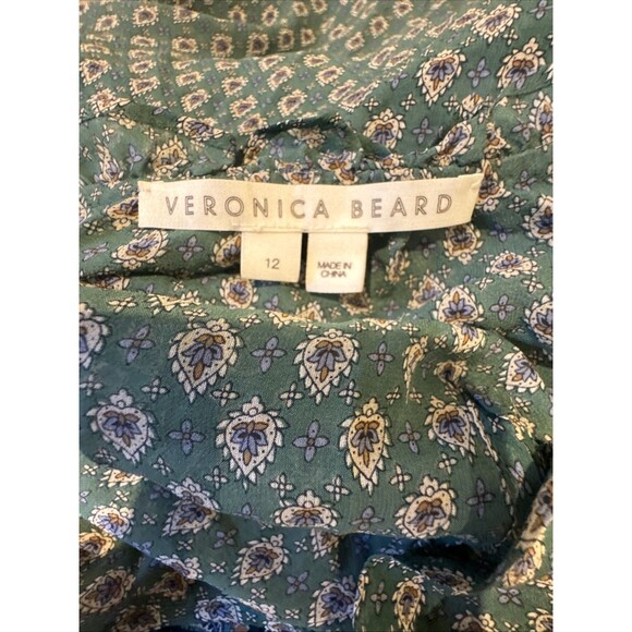 Veronica Beard Size 12 Destiny Smocked Waist V-Neck Seaglass Multi Silk Dress - Picture 4 of 12